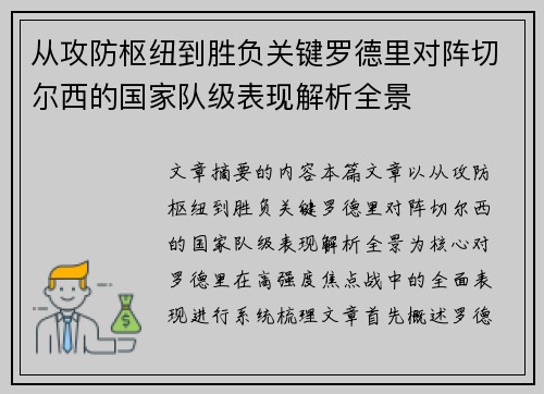 从攻防枢纽到胜负关键罗德里对阵切尔西的国家队级表现解析全景